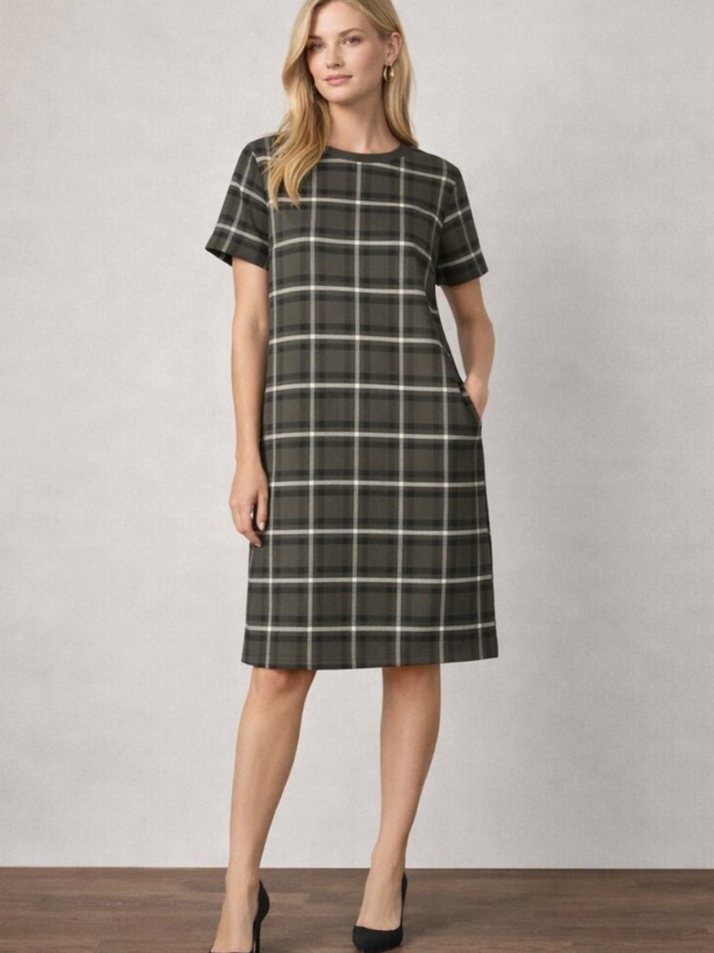 Banana Republic Olive Plaid Short Sleeve Shift Dress